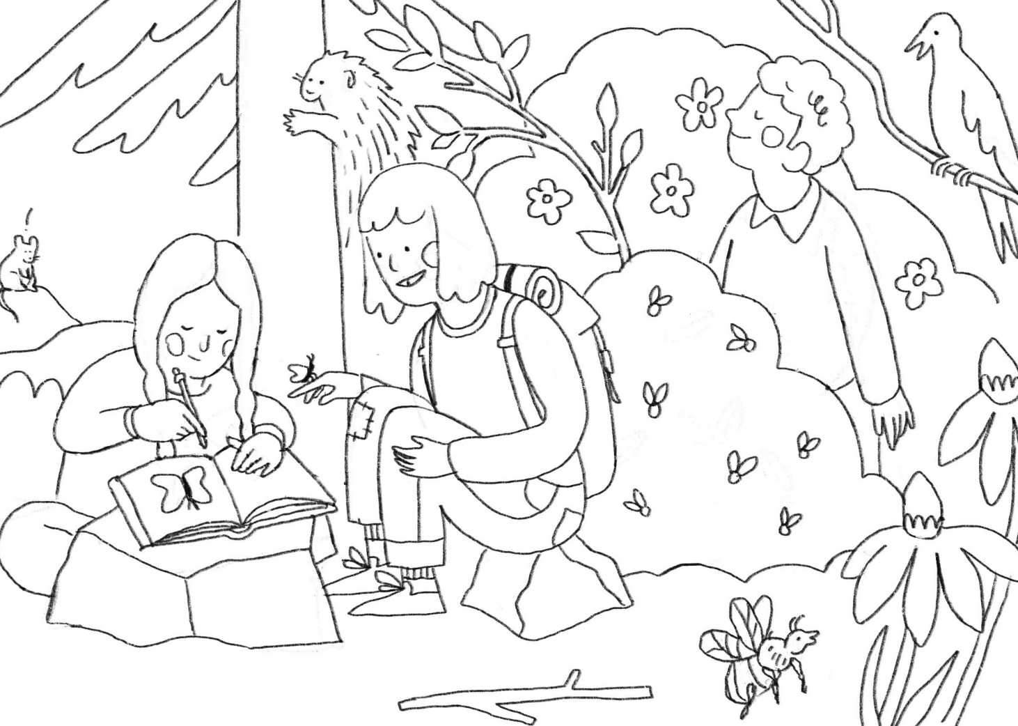 colouring page with a group of people in nature looking at the flowers and butterflies around them