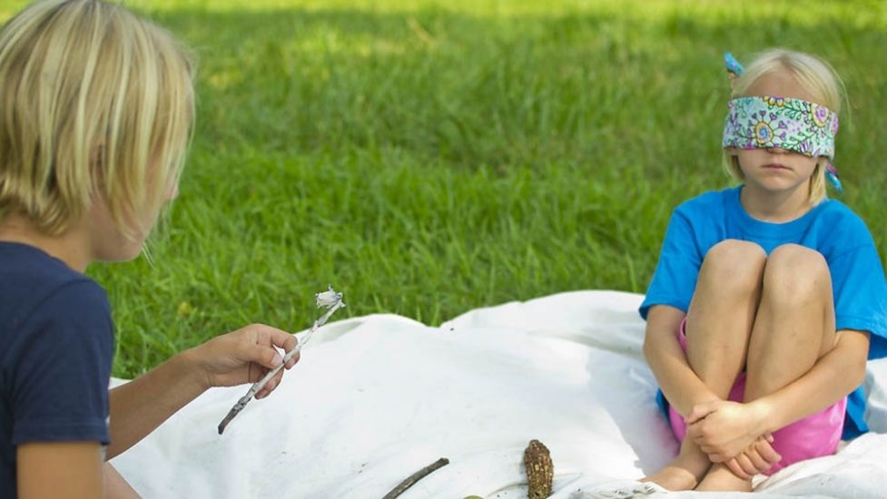 Child with blindfold one while another child looks at nature items